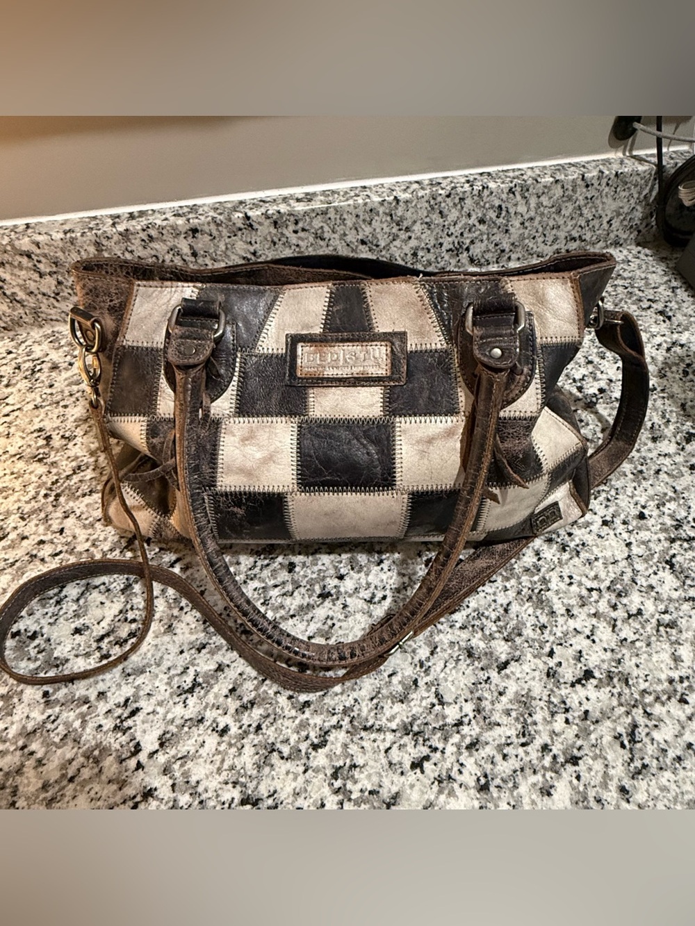 Bed Stu Rockababy Black and White Checker Leather Crossbody Satchel - Picture 14 of 15